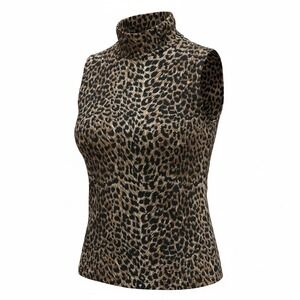Ivory Leopard Print Mock Neck Sleeveless Top Large SLQ003‎ Animal Print Shell